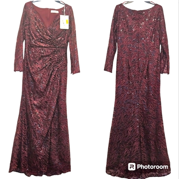 Mac Duggal Maxi Dress Ruched Embroidery Lace Sequin Faux Wrap Long Sleeves Gown - Picture 6 of 15